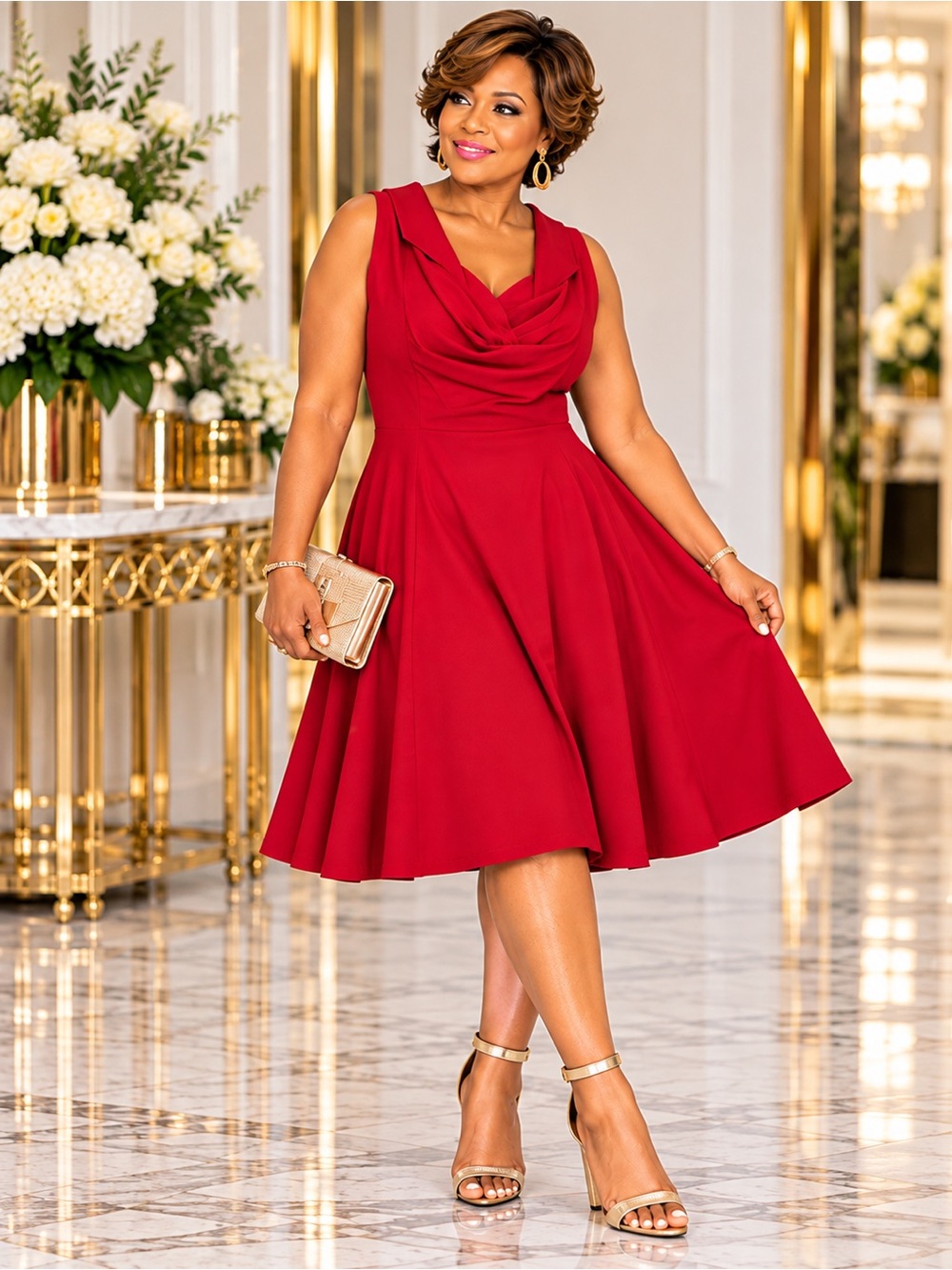 MIUSOL Red Fit & Flare Midi Dress Ruched Cowl Neck Sleeveless
